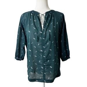 Madewell Women's Fall Feathers Peasant Top XXS Green/White Long Sleeve Blouse